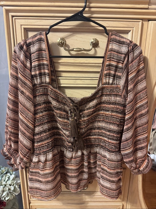 Shyanne Tops - Shyanne Striped Rust Tie-Front Peasant Top - Women